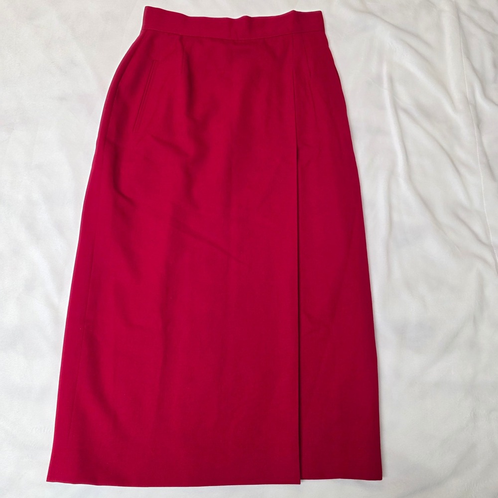 Talbots Petite Red 100% Pure Wool Faux Wrap Midi Skirt Pockets Lined Size 8P EUC - Picture 1 of 7